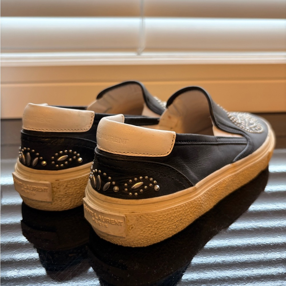 Saint Laurent Black and White Embellished Slip-Ons